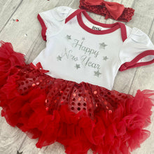 Load image into Gallery viewer, 'Happy New Year' Baby Girl Tutu Romper With Matching Bow Headband, Christmas Outfit