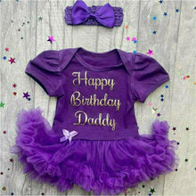 Load image into Gallery viewer, 'Happy Birthday Daddy' Baby Girl Tutu Romper With Matching Bow Headband, Gold Glitter