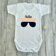 Load image into Gallery viewer, 'Hello Summer' Baby Boy Short Sleeve White Romper, Cool Summer Sunglasses Design in Bright Orange and Black Glitter