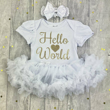 Load image into Gallery viewer, 'Hello World' Baby Girl Tutu Romper With Matching Bow Headband