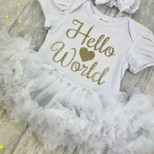 Load image into Gallery viewer, 'Hello World' Baby Girl Tutu Romper With Matching Bow Headband