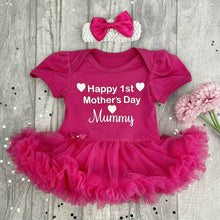 Load image into Gallery viewer, Happy 1st Mother's Day Mummy Baby Girl Tutu Romper With Headband, White Glitter Hearts Design