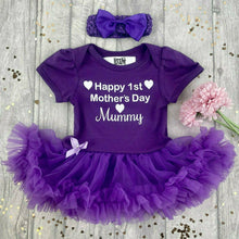 Load image into Gallery viewer, Happy 1st Mother's Day Mummy Baby Girl Tutu Romper With Headband, White Glitter Hearts Design