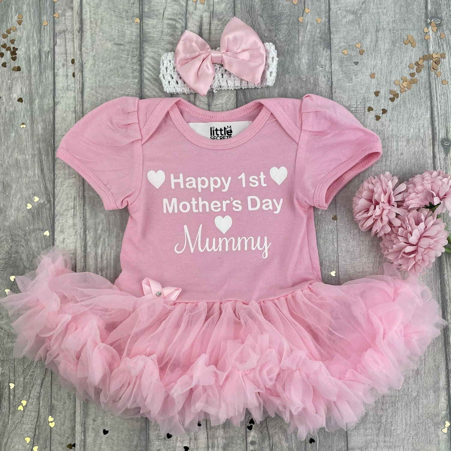 Happy 1st Mother's Day Mummy Baby Girl Tutu Romper With Headband, White Glitter Hearts Design