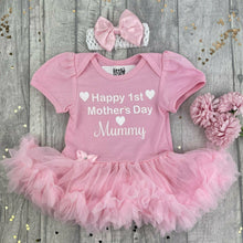 Load image into Gallery viewer, Happy 1st Mother's Day Mummy Baby Girl Tutu Romper With Headband, White Glitter Hearts Design