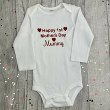Load image into Gallery viewer, Happy 1st Mother's Day Mummy Girls or Boys White Long Sleeve Romper, Red Glitter Design