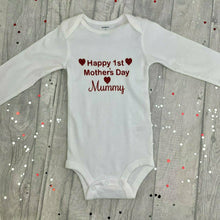 Load image into Gallery viewer, Happy 1st Mother's Day Mummy Girls or Boys White Long Sleeve Romper, Red Glitter Design