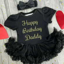 Load image into Gallery viewer, 'Happy Birthday Daddy' Baby Girl Tutu Romper With Matching Bow Headband, Gold Glitter Design