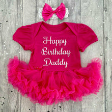 Load image into Gallery viewer, Happy Birthday Daddy Baby Girl Tutu Romper With Matching Bow Headband, White Glitter