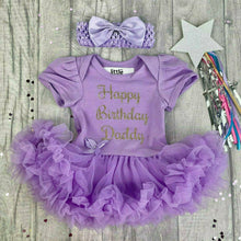 Load image into Gallery viewer, 'Happy Birthday Daddy' Baby Girl Tutu Romper With Matching Bow Headband, Gold Glitter Design