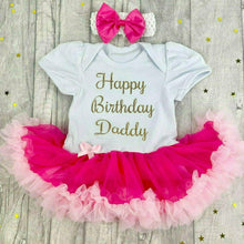 Load image into Gallery viewer, 'Happy Birthday Daddy' Baby Girl Tutu Romper With Matching Bow Headband, Gold Glitter Design