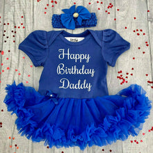 Load image into Gallery viewer, Happy Birthday Daddy Baby Girl Tutu Romper With Matching Bow Headband, White Glitter