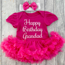 Load image into Gallery viewer, Happy Birthday Grandad Baby Girl Tutu Romper With Matching Bow Headband, White Glitter Design