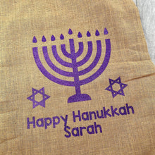 Load image into Gallery viewer, Happy Hanukkah Hessian Personalised Jewish Celebration Gift Present Sack