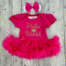 Load image into Gallery viewer, Hello World Baby Girl Tutu Romper With Matching Bow Headband
