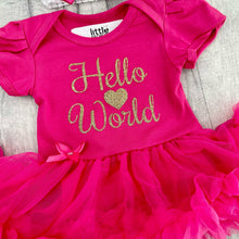 Load image into Gallery viewer, Hello World Baby Girl Tutu Romper With Matching Bow Headband