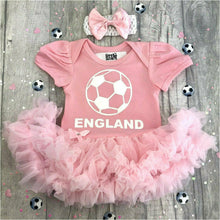 Load image into Gallery viewer, England, the three lions Pink Football Tutu dress with white design and matching headband.