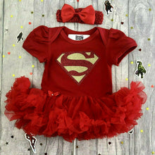 Load image into Gallery viewer, Baby Girl Superman Tutu Romper With Matching Bow Headband, Baby Superhero Dress