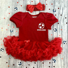 Load image into Gallery viewer, England Football Tutu Romper, red tutu featuring England football design in white. Including a matching red headband.