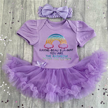 Load image into Gallery viewer, Personalised 'You Are The Rainbow After The Storm' Baby Girl Tutu Romper With Matching Bow Headband, Rainbow Design