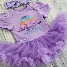 Load image into Gallery viewer, Personalised 'You Are The Rainbow After The Storm' Baby Girl Tutu Romper With Matching Bow Headband, Rainbow Design