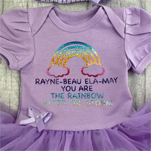 Load image into Gallery viewer, Personalised 'You Are The Rainbow After The Storm' Baby Girl Tutu Romper With Matching Bow Headband, Rainbow Design