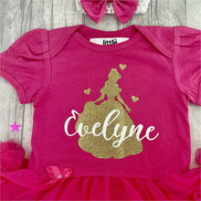 Load image into Gallery viewer, WORLD BOOK DAY! Personalised Belle Disney Princess Baby Girl Tutu Romper With Matching Bow Headband