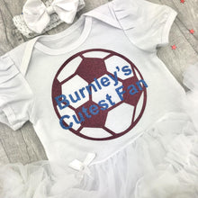 Load image into Gallery viewer, Baby Girls Burnley's Cutest Fan, The Clarets, White Tutu Romper Dress, Featuring A Maroon Football Design and Light Blue Text. Including a matching White headband with Clip on bow