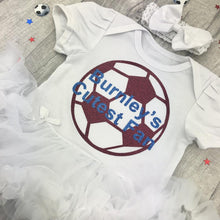 Load image into Gallery viewer, Baby Girls Burnley's Cutest Fan, The Clarets, White Tutu Romper Dress, Featuring A Maroon Football Design and Light Blue Text. Including a matching White headband with Clip on bow
