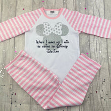 Load image into Gallery viewer, Pink and White striped Pyjama Set. The top features silver glitter Minnie Mouse design with Black Disney lettering saying When I wake up I will be going to Disney Personalised Name