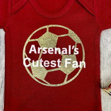 Load image into Gallery viewer, Arsenal's Cutest Fan Baby Football Romper, Red Bodysuit, Vest, featuring a gold football design with white lettering. The gunners
