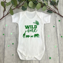 Load image into Gallery viewer, 1st Birthday Wild One Short Sleeve Romper/Bodysuit, Safari Print green design