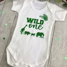 Load image into Gallery viewer, 1st Birthday Wild One Short Sleeve Romper/Bodysuit, Safari Print green design