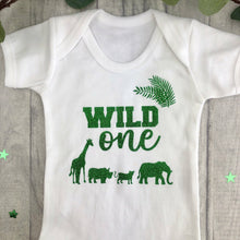 Load image into Gallery viewer, 1st Birthday Wild One Short Sleeve Romper/Bodysuit, Safari Print green glitter design