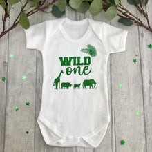 Load image into Gallery viewer, 1st Birthday Wild One Short Sleeve Romper/Bodysuit, Safari Print green glitter design