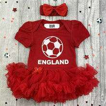 Load image into Gallery viewer, England, the three lions red Football Tutu dress with white design and matching red headband.