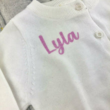 Load image into Gallery viewer, Personalised Baby Girl White Cotton Cardigan, Light Pink Glitter Text