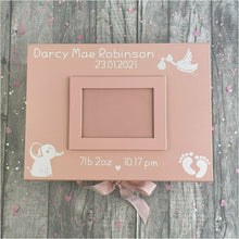 Load image into Gallery viewer, Personalised Newborn Keepsake Photo Box, Baby Details, Stork and Elephant Design A4 Size