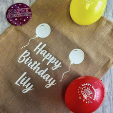 Load image into Gallery viewer, Personalised Happy Birthday Balloons Large Present Hessian Sack - Little Secrets Clothing