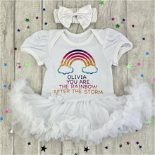 Load image into Gallery viewer, Personalised 'You Are The Rainbow After The Storm' Baby Girl Tutu Romper With Matching Bow Headband, Rainbow Design
