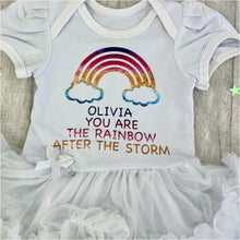 Load image into Gallery viewer, Personalised 'You Are The Rainbow After The Storm' Baby Girl Tutu Romper With Matching Bow Headband, Rainbow Design
