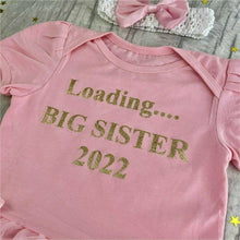 Load image into Gallery viewer, Loading... Big Sister Baby Girl Tutu Romper with Matching Bow Headband, Gold Glitter Design - Little Secrets Clothing