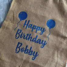 Load image into Gallery viewer, Personalised Happy Birthday Balloons Large Present Hessian Sack - Little Secrets Clothing