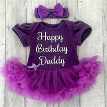 Load image into Gallery viewer, 'Happy Birthday Daddy' Baby Girl Tutu Romper With Matching Bow Headband, White Glitter