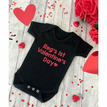 Load image into Gallery viewer, Baby personalised 1st Valentine's Day short sleeve romper white glitter text
