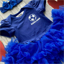 Load image into Gallery viewer, England Football Tutu Romper, Blue tutu featuring England football design in white. Including a matching headband.