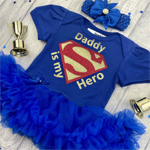 Load image into Gallery viewer, 'Daddy Is My Hero' Superman Baby Girl Tutu Romper With Matching Bow Headband