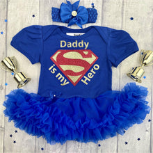 Load image into Gallery viewer, 'Daddy Is My Hero' Superman Baby Girl Tutu Romper With Matching Bow Headband