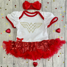 Load image into Gallery viewer, Wonder Woman Baby Girl Tutu Romper with Matching Bow Headband, Superhero Logo Gold Glitter Design