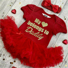 Load image into Gallery viewer, 'My Heart Belongs To Daddy' Baby Girl Tutu Romper With Matching Bow Headband, Gold Glitter